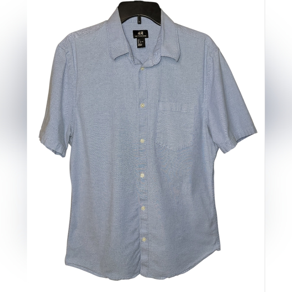Men's H&M Light Blue Short Sleeve Slim Fit Button Down Chambray Shirt Size L